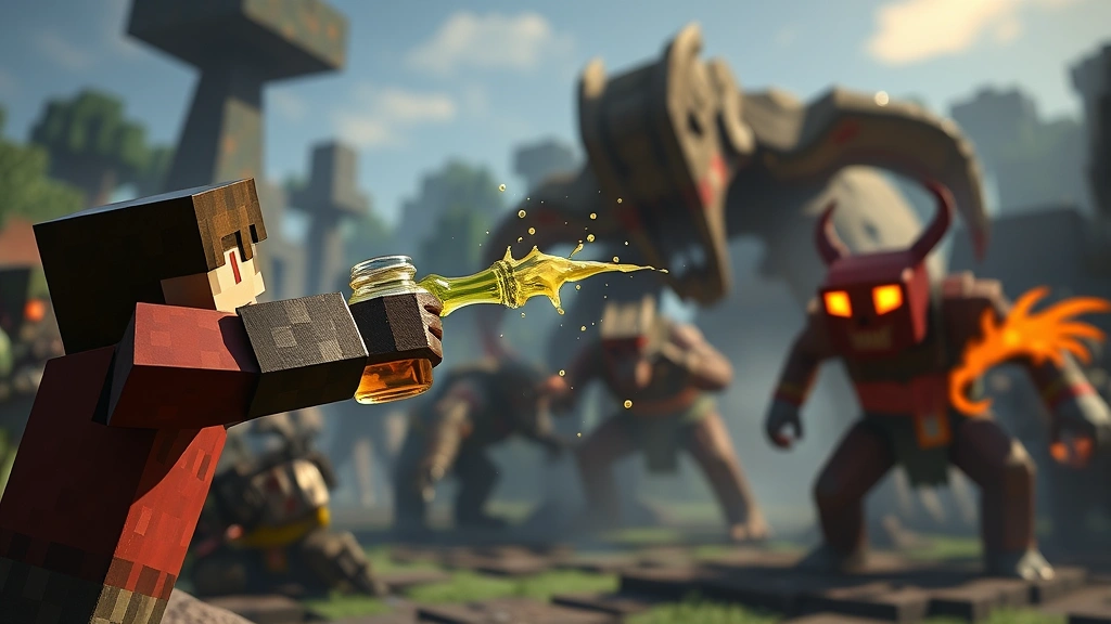 Minecraft player throwing splash potion of weakness toward hostile mobs in combat, with potion splash effect radiating outward in an eight-block radius, action-focused scene