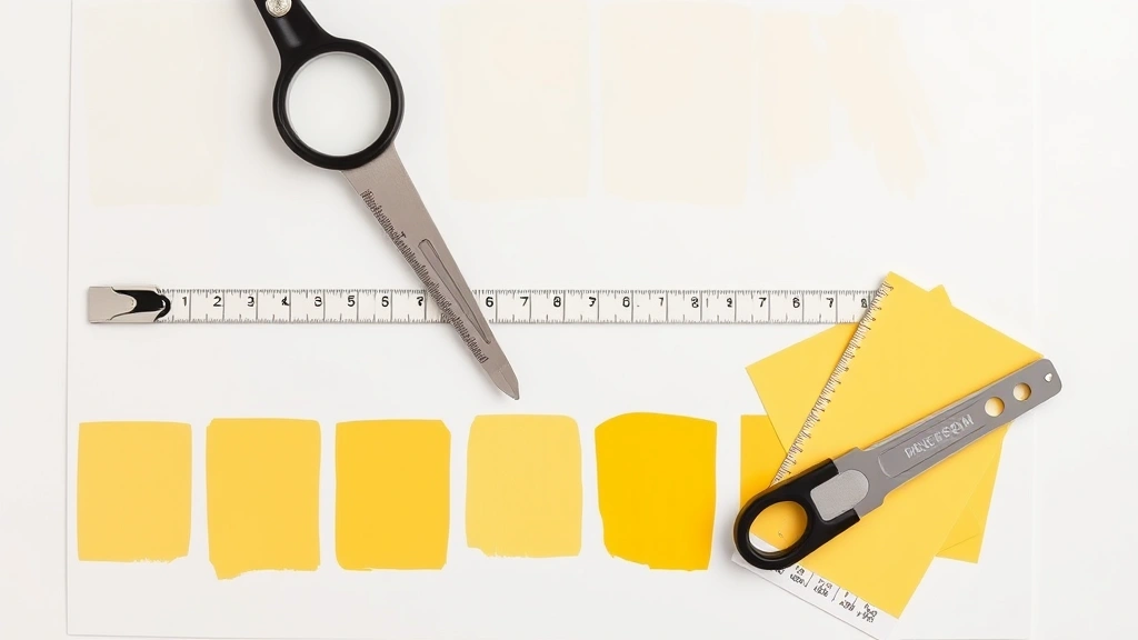 Flat lay of yellow paint color samples on white board showing progression from pale butter yellow to bright golden yellow with measurement tools and paint swatches