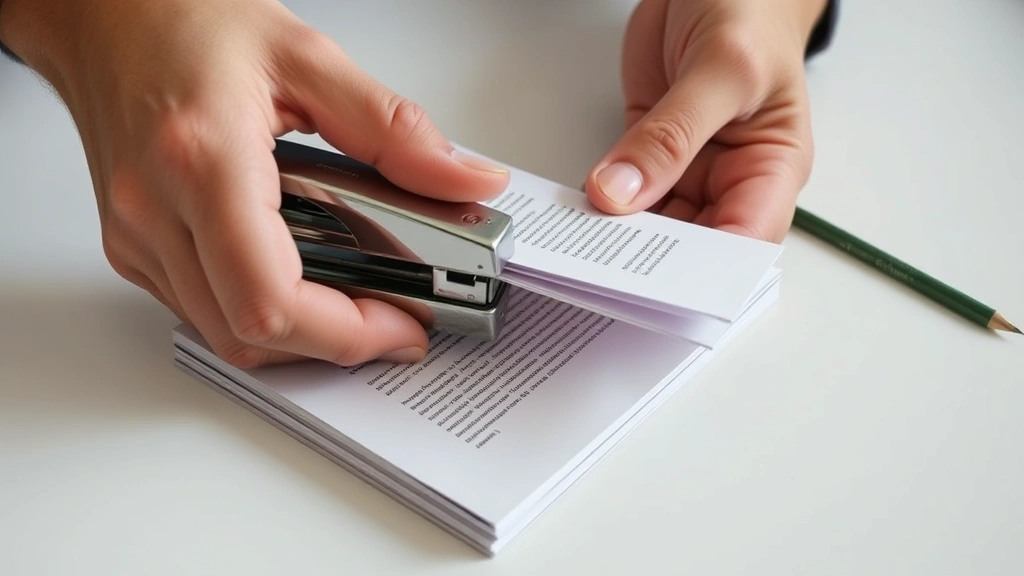 Close-up of hands folding and stapling a small booklet zine at the spine with a silver stapler on a white desk