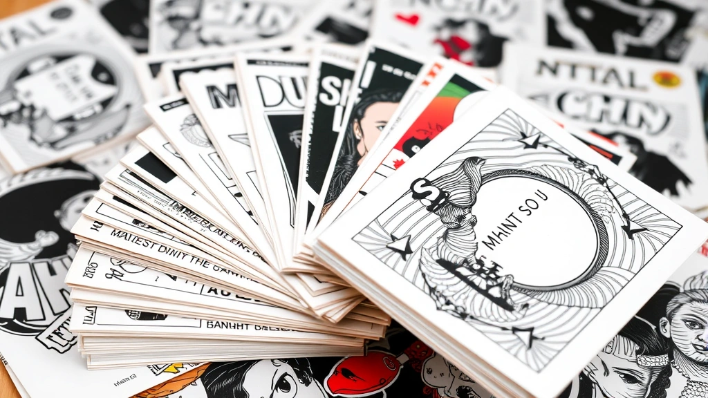 Stack of finished handmade zines with varied cover designs in black, white, and color, fanned out to show different artistic styles