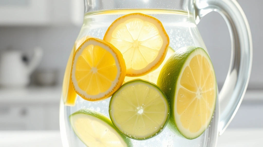 Fresh cut lemon and lime slices floating in a glass pitcher of clear water, morning sunlight creating sparkles through the water, white kitchen background