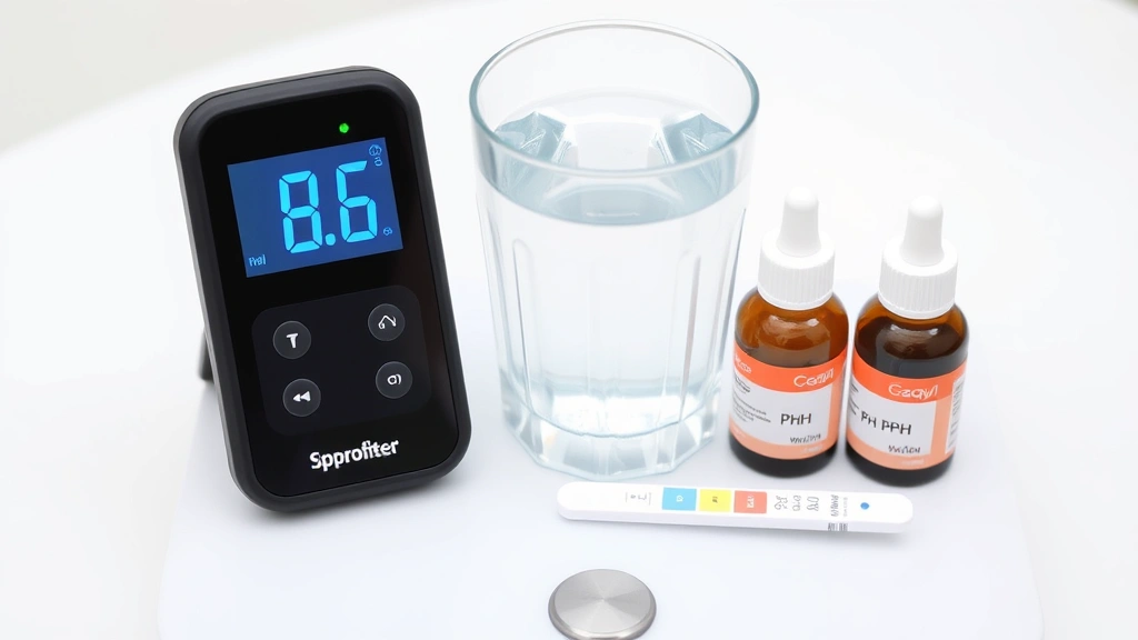 Digital pH meter displaying 8.5 reading next to a glass of alkaline water with pH test strips and small bottles of pH drops on a clean bathroom or kitchen scale