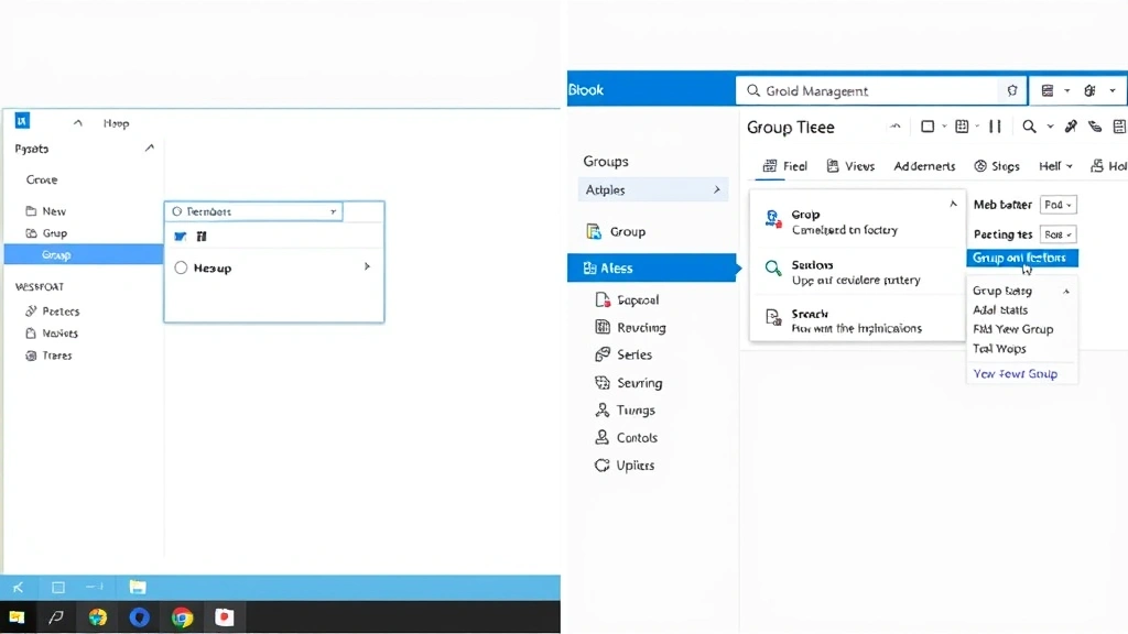 Split-screen comparison showing Outlook desktop application on left side with group creation window open and Outlook web interface on right side displaying group management options