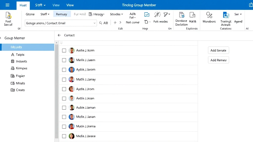 Detailed view of email group member list being edited in Outlook, showing multiple contact names with checkboxes, add and remove buttons visible, professional business environment