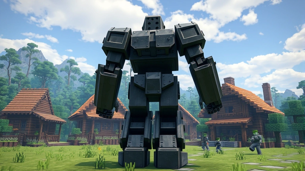 Iron Golem standing guard in front of Minecraft village with wooden houses and green landscape, golem facing away protecting villagers from approaching zombies