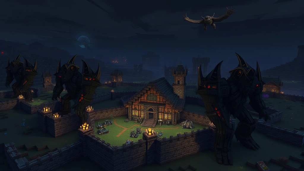 Multiple Iron Golems patrolling defensive perimeter around Minecraft base with stone walls and towers, nighttime with hostile mobs visible in distance