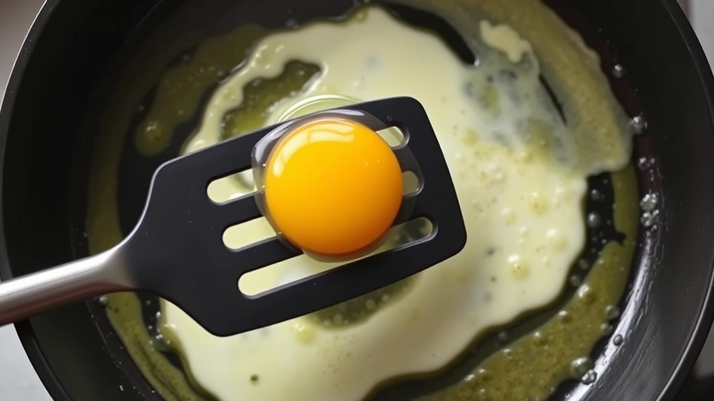 Wide overhead shot of a spatula sliding under a raw egg in a hot cast iron pan with melted butter, mid-flip moment, showing the delicate motion and proper spatula angle