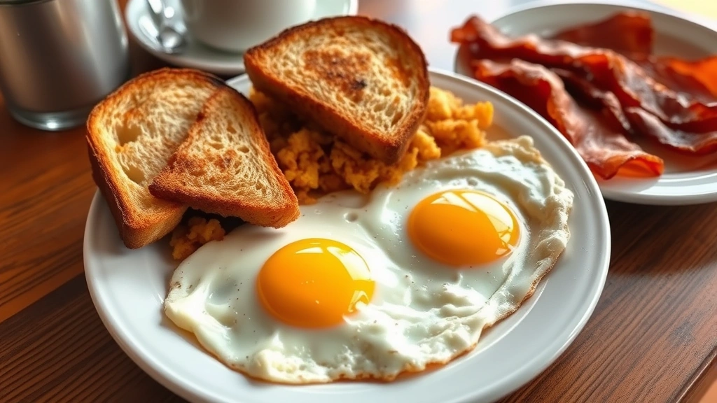 Plated over easy eggs served on white ceramic plate with crispy toast, hash browns, and bacon on the side, yolk visibly runny in center, warm breakfast setting with morning light
