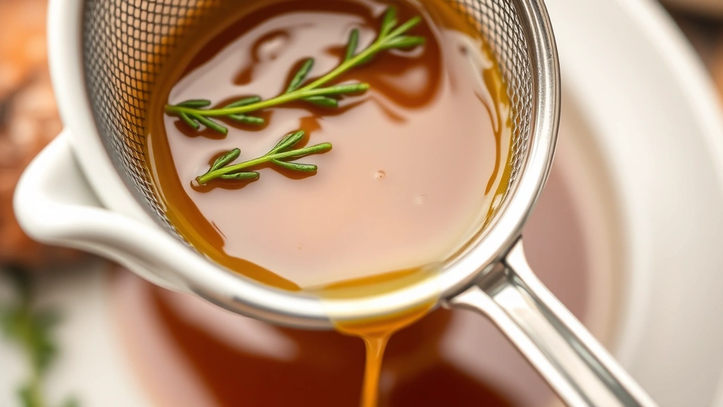 Finished glossy au jus sauce being strained through fine mesh strainer into white ceramic gravy boat, golden-brown liquid flowing, fresh herb sprigs visible in strainer