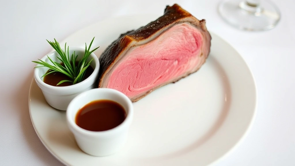 Slice of pink medium-rare prime rib on white plate with small ramekin of deep brown au jus sauce beside it, fresh rosemary garnish, professional restaurant presentation
