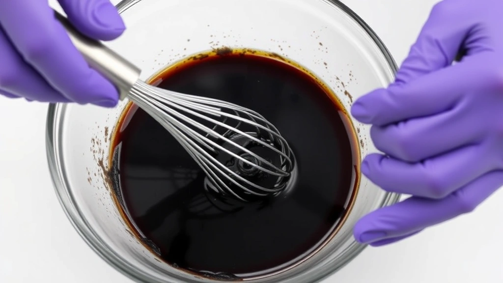 Hands wearing purple nitrile gloves whisking activated charcoal into dark liquid in a glass mixing bowl with a metal whisk, showing the black coloring developing