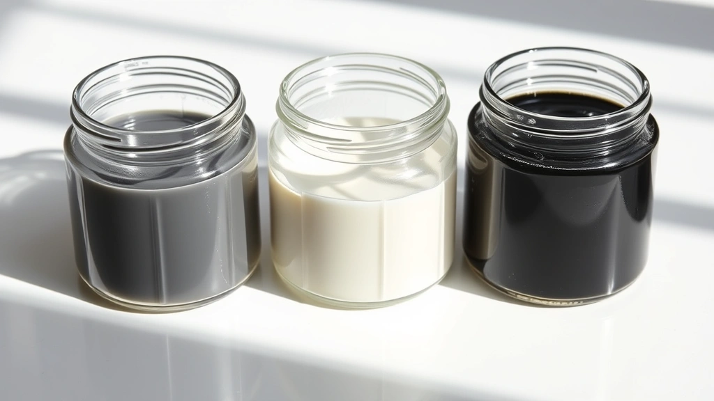 Three glass jars containing different shades of black food coloring from light gray to deep black, arranged on a white surface with natural daylight