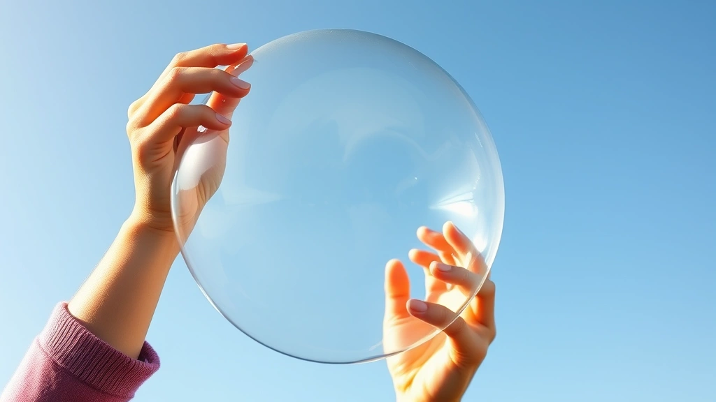 Hands holding large bubble wand frame dipped in solution bowl, creating giant transparent bubble against blue sky, showing the moment of bubble formation with natural lighting