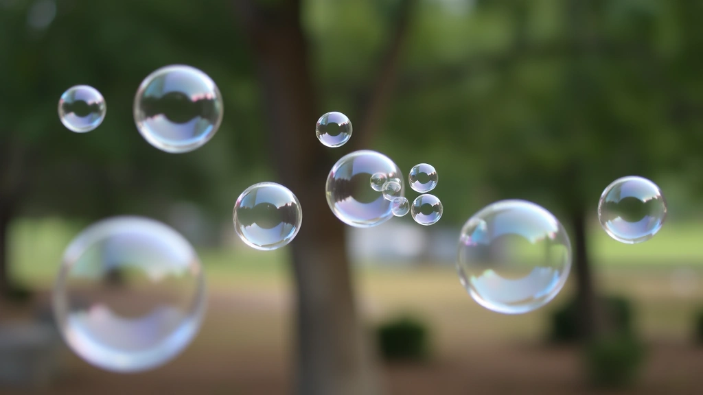 Multiple bubbles of varying sizes drifting through air with trees and outdoor setting in soft focus background, capturing several bubbles at different distances showing depth and scale