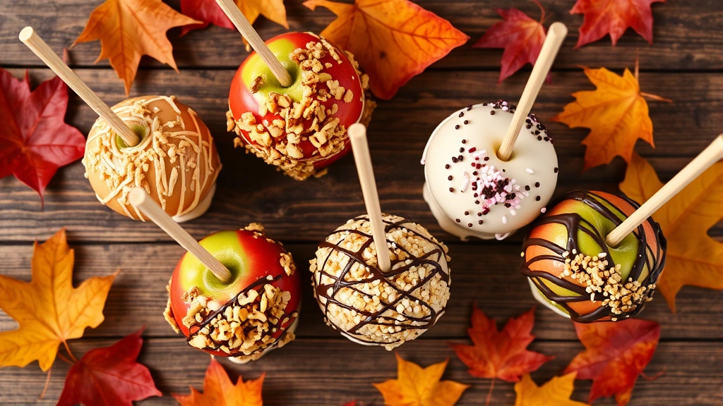 Overhead view of decorated candy apples with various toppings including crushed nuts, sprinkles, and chocolate drizzle on a wooden table with autumn leaves