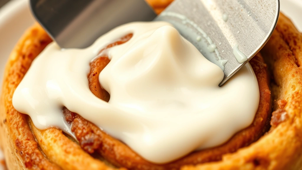 Close-up of fluffy cream cheese frosting being spread on a freshly baked warm cinnamon roll with a spatula, showing the glossy, luxurious texture melting slightly into the pastry