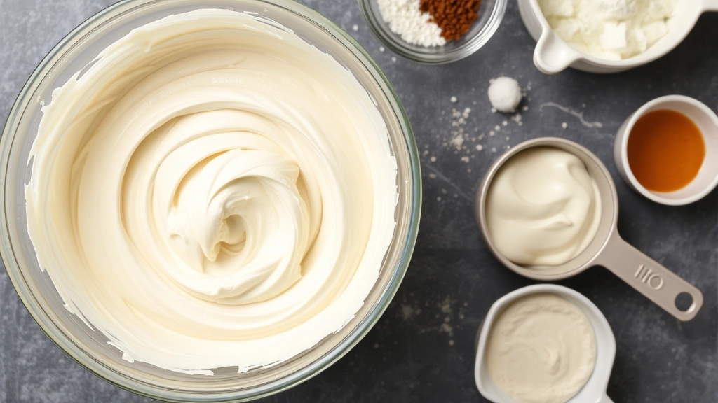 Overhead shot of a mixing bowl containing perfectly whipped cinnamon roll frosting with visible peaks and creamy texture, surrounded by measuring cups and ingredients