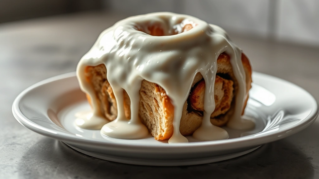 Beautiful plated cinnamon roll with thick, generously applied cream cheese frosting dripping down the sides, fresh from the oven, with steam still visible