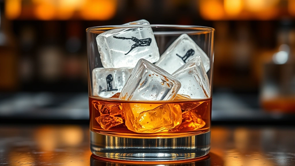 Close-up of crystal clear ice cubes in a glass with amber whiskey, backlighting showing transparency, professional bar setting