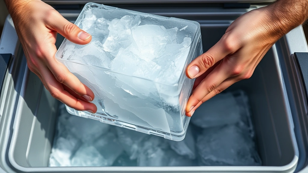 Hands removing a large clear ice block from an insulated cooler, showing the directional freezing result with visible unfrozen water layer at bottom