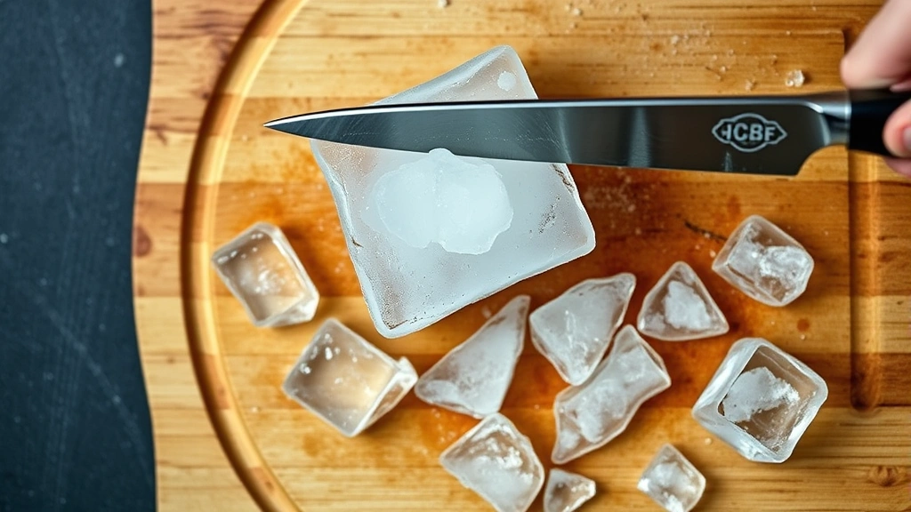 Overhead shot of cutting clear ice block with a sharp knife on a wooden cutting board, showing ice shards and proper technique