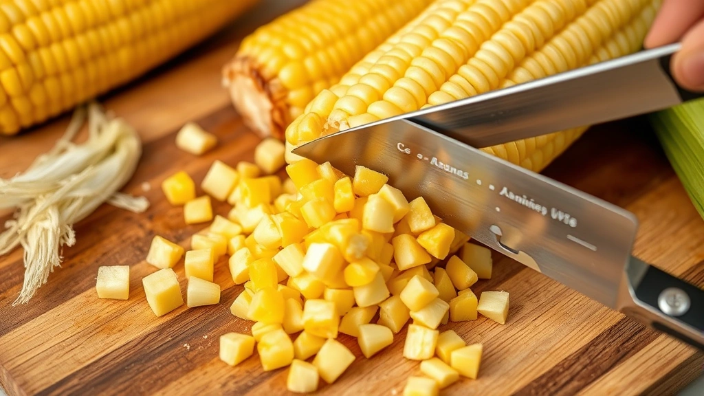 Close-up of fresh corn kernels being scraped from a cob with a sharp knife on a wooden cutting board, with whole ears of corn and husks nearby
