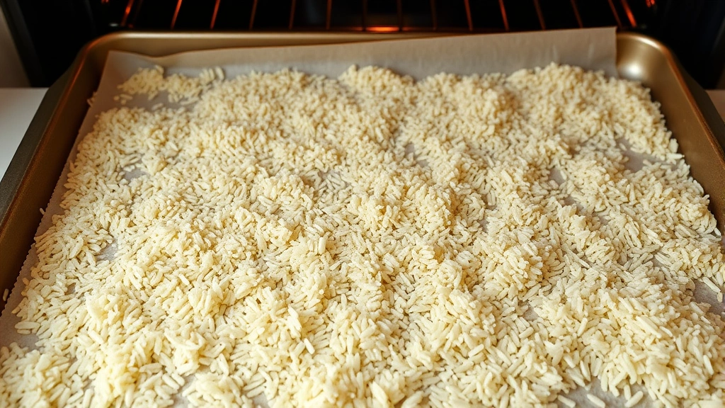 Bird's-eye view of baking sheet with thinly spread rice in single layer, light golden color, parchment paper, oven visible in background, natural kitchen daylight