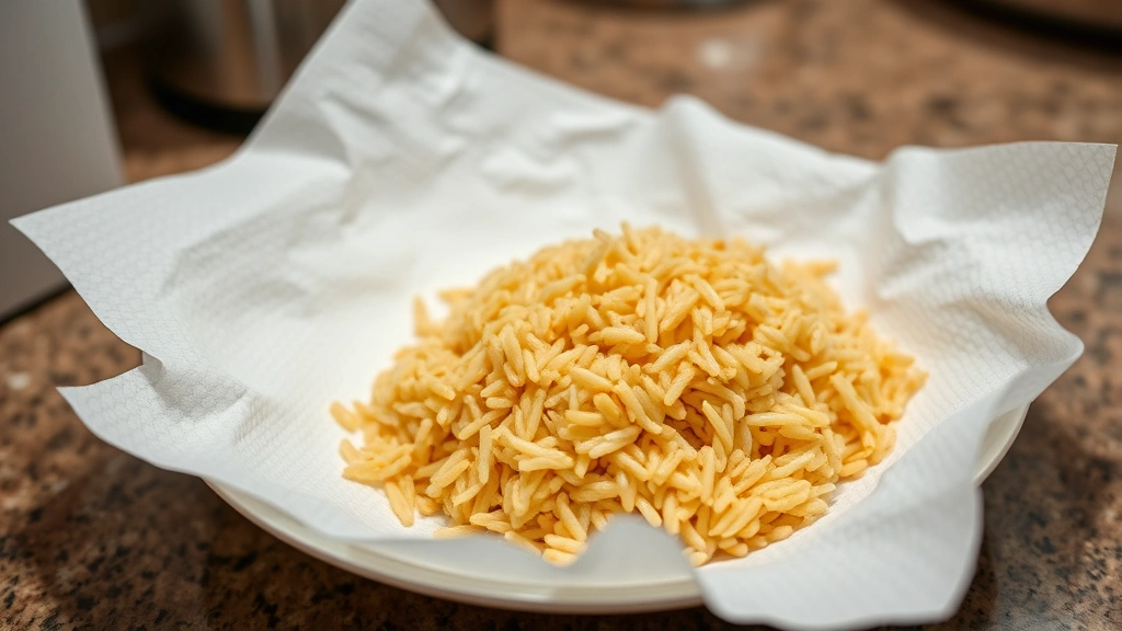 Paper towel-lined plate with freshly fried crispy rice cooling, golden-brown color, individual grains separated and visible, kitchen counter setting, professional food photography style