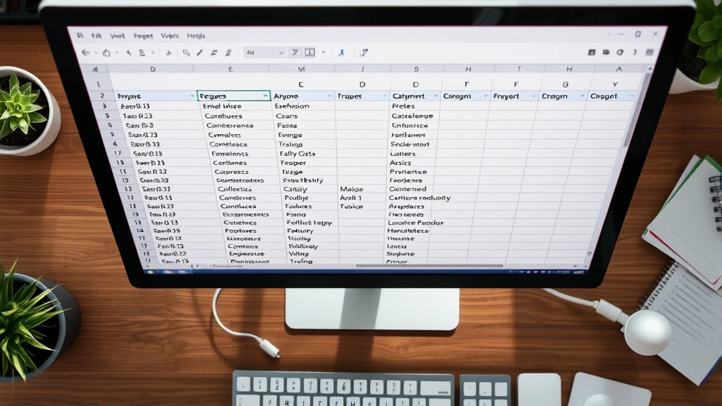 Overhead shot of computer desk with Excel spreadsheet open showing dependent drop-down lists in action, with multiple columns containing cascading dropdown selections, natural office lighting