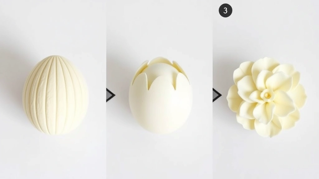 Step-by-step progression showing three carved egg flowers at different stages of completion, from basic grooves to fully detailed petal formations, arranged left to right