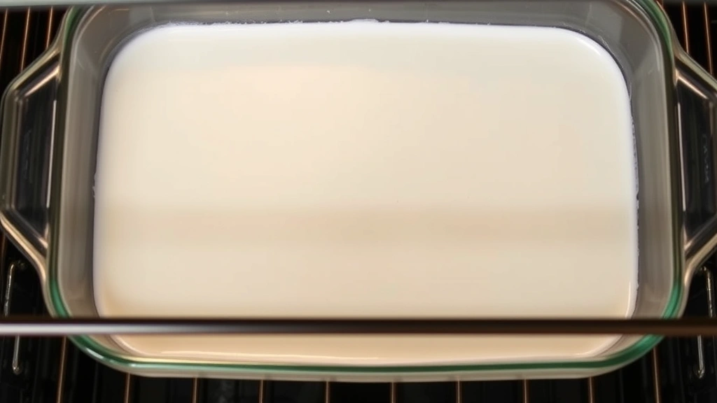 Overhead shot of a shallow baking dish filled with milk in an oven set to 325 degrees, showing the milk beginning to concentrate and thicken with visible cream-colored surface