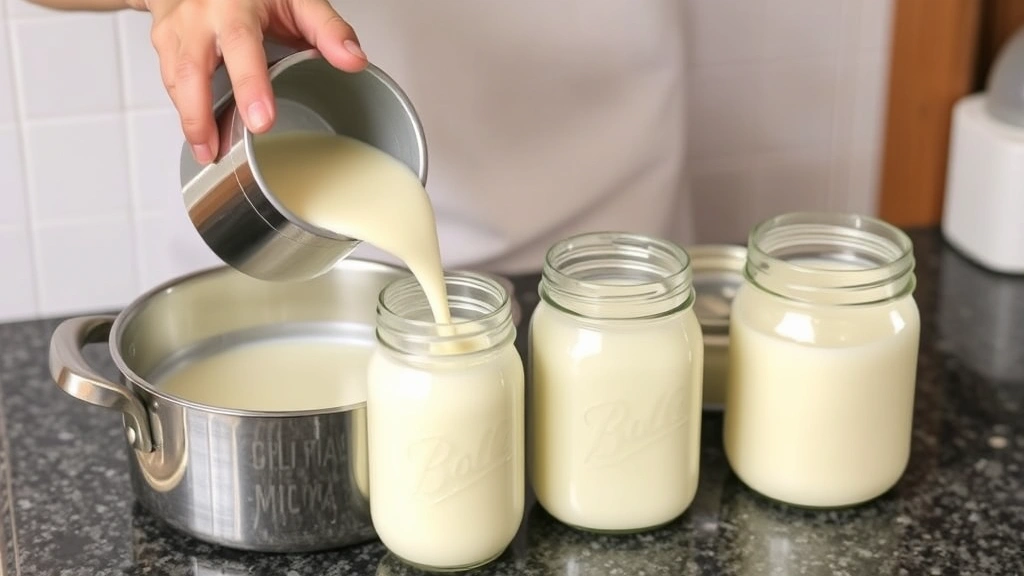 Hands pouring thick, concentrated evaporated milk from a saucepan into glass storage jars on a kitchen counter, showing the creamy consistency and rich texture of finished product