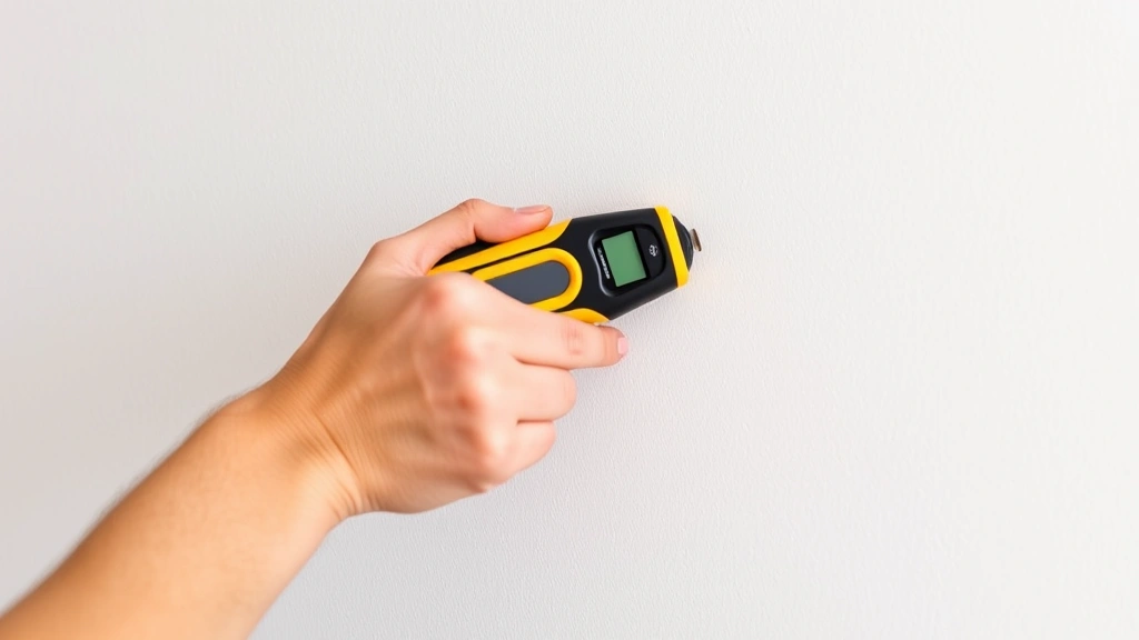 Close-up of hands using a stud finder on white drywall wall, holding device horizontally, showing proper technique for locating wall studs behind drywall