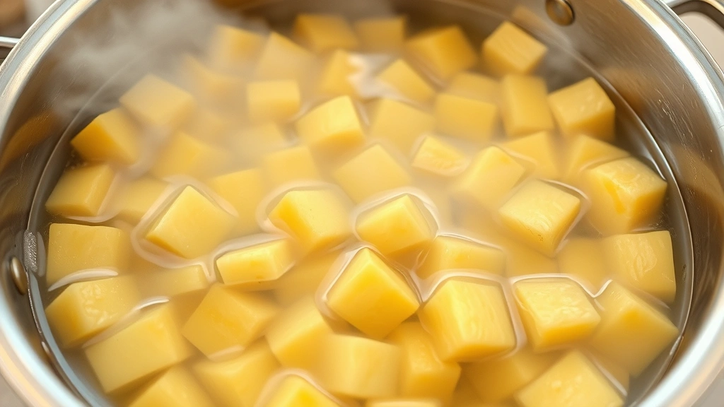 Large pot of boiling cubed plantains and cassava vegetables in water with steam rising, clear view of the tender cooked pieces, stainless steel pot