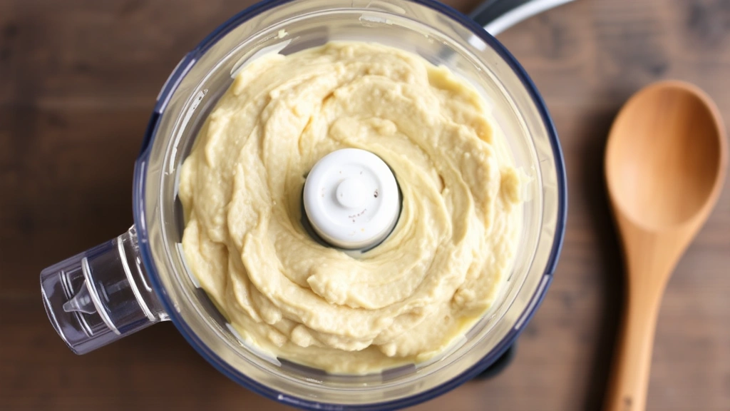Food processor filled with smooth, pale fufu paste being processed, showing the creamy texture and consistency, with a wooden spoon resting nearby