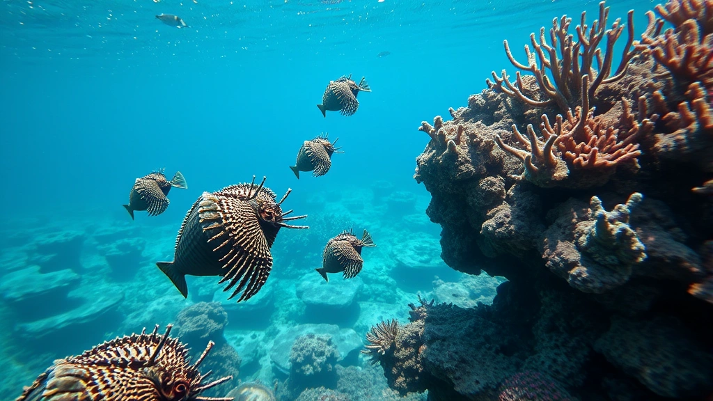 An underwater scene showing multiple trilobites and anglerfish swimming near underwater oil deposits and coral formations in a shallow tropical ocean zone