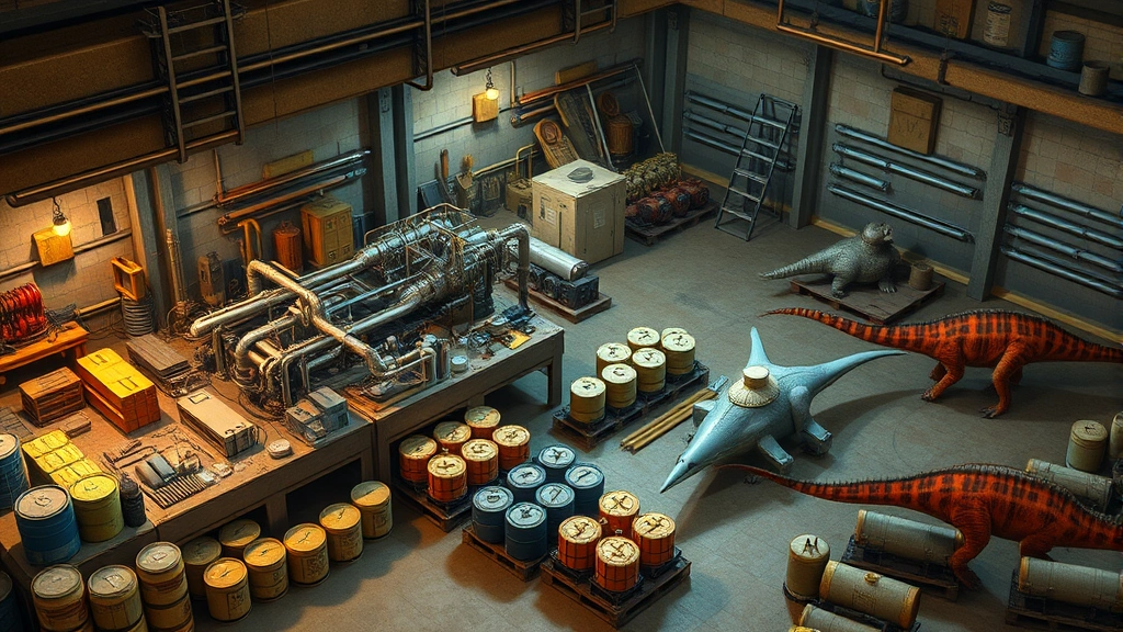 A organized base workshop area with multiple oil refineries operating side by side, fuel containers stacked neatly, and dinosaurs like therizinosaurus in nearby pens for resource farming