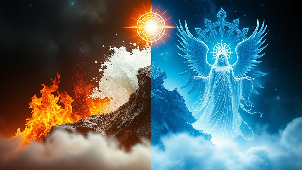 Split-screen showing progression from basic elements fire water earth wind transforming into complex mythological concepts and finally divine entities, visual hierarchy with glowing effects