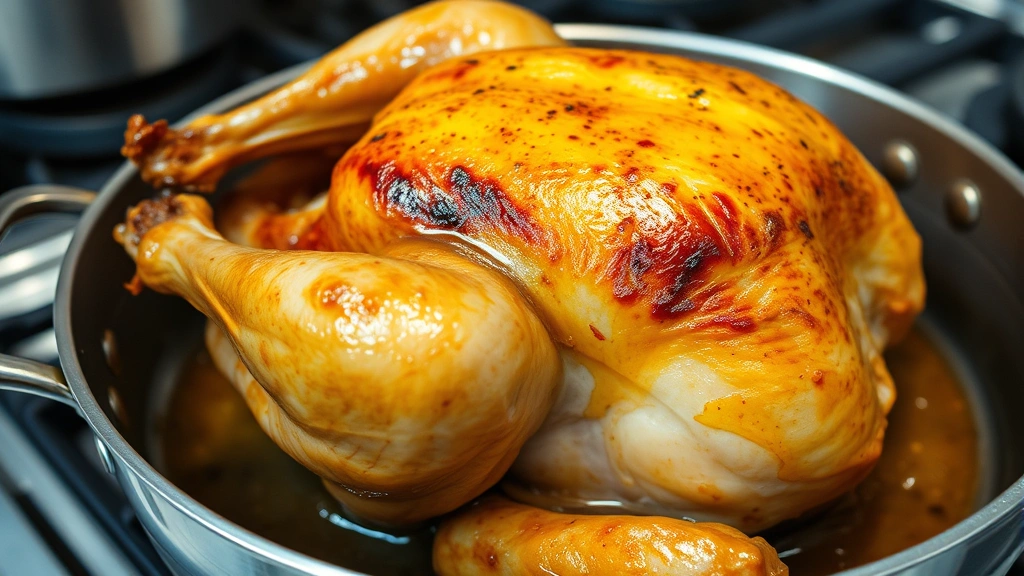 Close-up of golden roasted turkey with caramelized brown skin and pan drippings visible in stainless steel roasting pan on stovetop