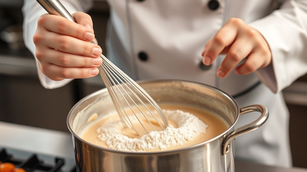Chef whisking smooth roux mixture in saucepan, flour and fat combining into pale blonde paste, professional kitchen setting with warm lighting