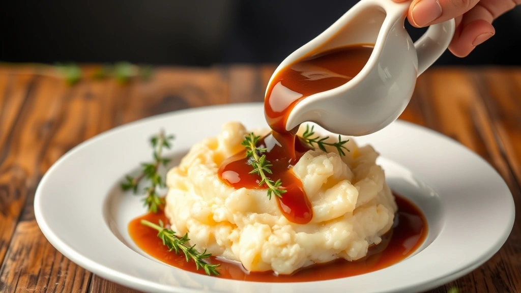 Pouring rich brown gravy from white ceramic gravy boat onto mashed potatoes on white plate, steam rising, garnished with fresh thyme sprigs