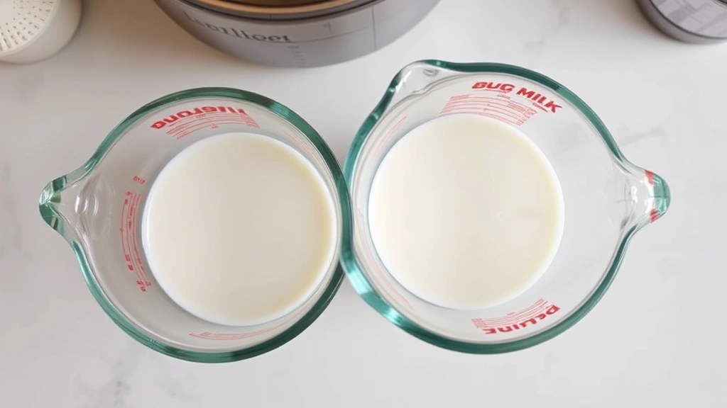 Close-up overhead shot of measuring cups containing whole milk and heavy cream side by side on a light kitchen counter, ready to be mixed