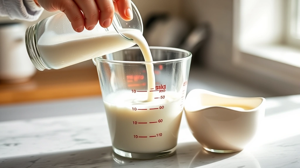 Hands pouring whole milk into a glass measuring cup while heavy cream sits nearby, showing the beginning of the mixing process in bright natural kitchen light