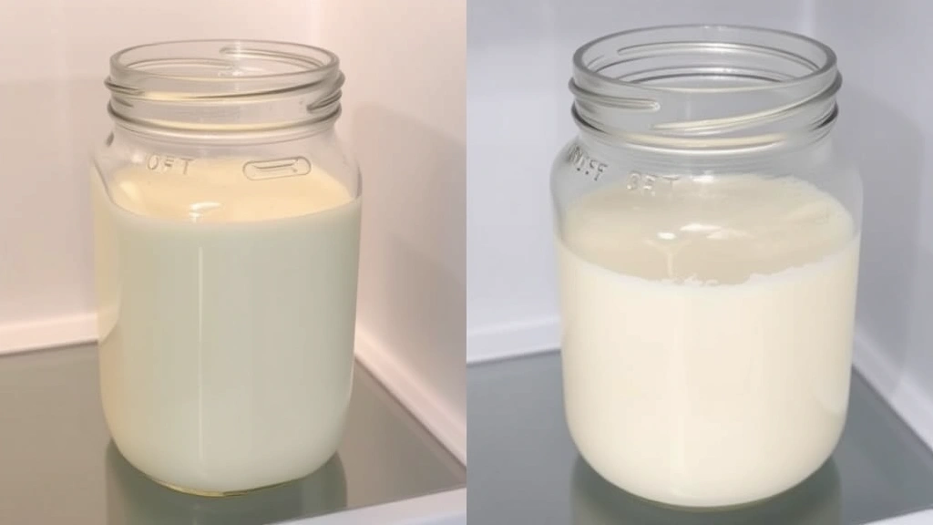 Finished homemade half and half in a clear glass container with a tight-fitting lid, stored in a refrigerator, showing the creamy white color and smooth consistency