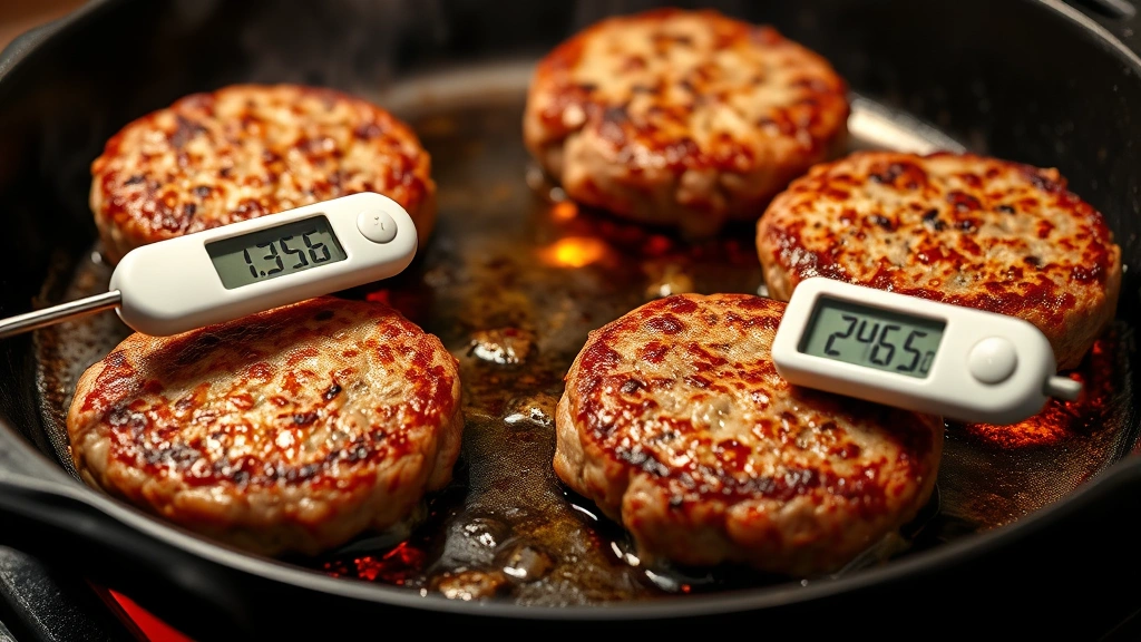 Sizzling burger patties on a hot cast-iron skillet developing a golden-brown crust, with a meat thermometer inserted into one patty showing temperature reading