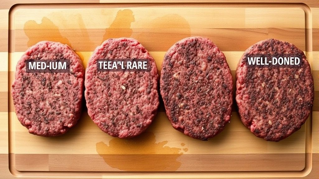 Four finished hamburger patties at different doneness levels displayed side-by-side on a wooden cutting board, ranging from medium-rare to well-done with visible color differences