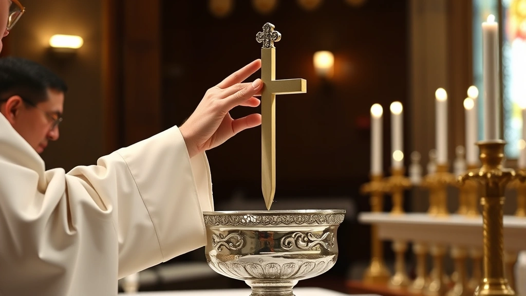 Priest in white vestments making sign of cross over blessed water in ornate silver bowl during church ceremony with candlelight in background