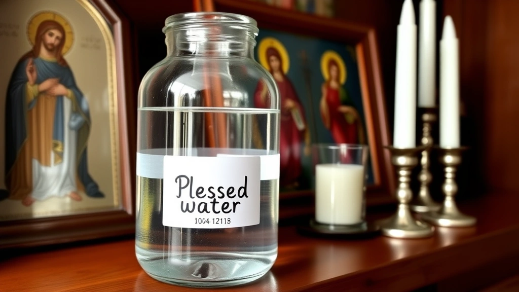 Glass jar with clear blessed water labeled with date, stored on wooden shelf next to religious icons and candles in home prayer space