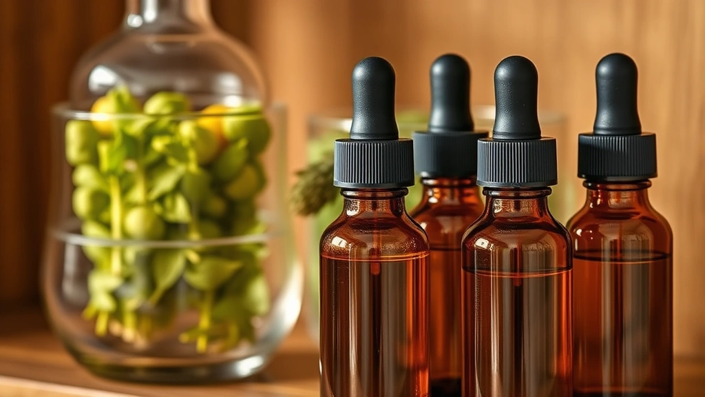 Close-up of amber glass tincture bottles with dropper tops sitting on a wooden shelf beside dried lemon balm in a glass container, warm lighting showing the extracted golden liquid