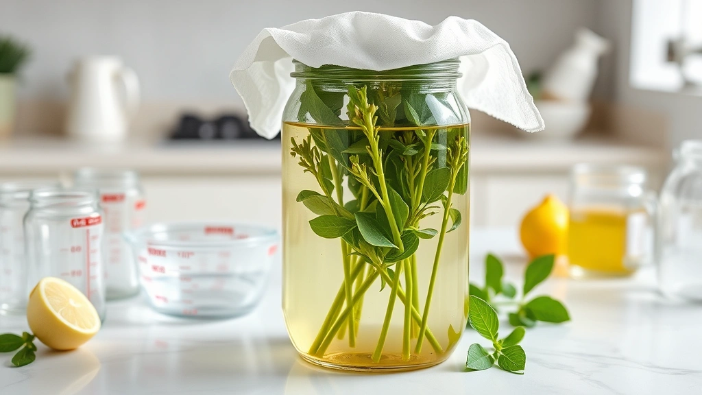Wide shot of a glass jar containing lemon balm stems submerged in clear liquid with cheesecloth draped over the top, surrounded by measuring equipment and labels on a clean kitchen counter